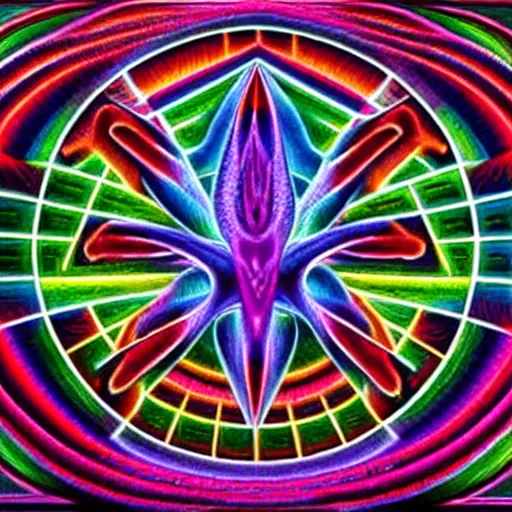 Prompt: highly detailed optical illusion of a dmt breakthrough filled with magical energy by mad dog jones and alex grey