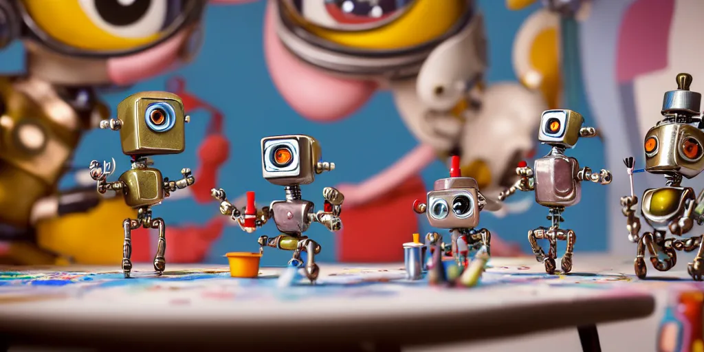 Image similar to closeup portrait of tin toy retro robots painters mixing gouache on white paper table in an artist workshop, depth of field, zeiss lens, detailed, centered, fashion photoshoot, by nicoletta ceccoli, mark ryden, lostfish, breathtaking, 8 k resolution, extremely detailed, beautiful, establishing shot, artistic, hyperrealistic, octane render