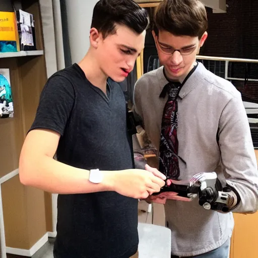 Image similar to a handsome young man showing his friend his new cybernetic enhancements