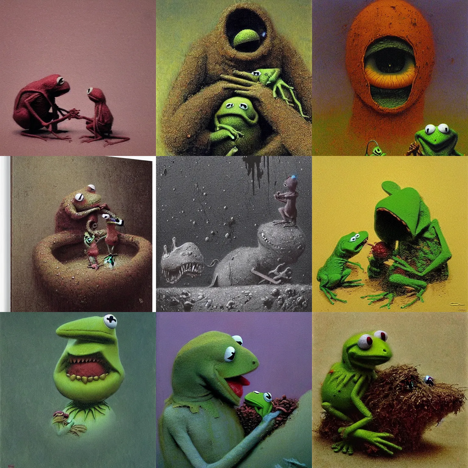 Prompt: Kermit the frog eating his son by beksinski