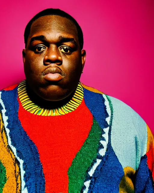 Image similar to headshot of the notorious big, wearing a colorful coogi sweater, and black jeans, photoshoot in the style of annie leibovitz, studio lighting, soft focus, bokeh