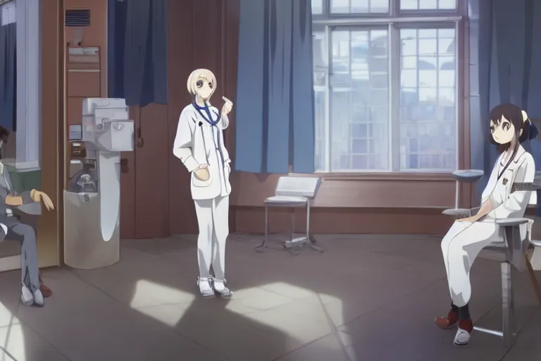 Image similar to a cute young female doctor wearing white coat are talking with an old surgeon in a hospital, slice of life anime, lighting, anime scenery by Makoto shinkai