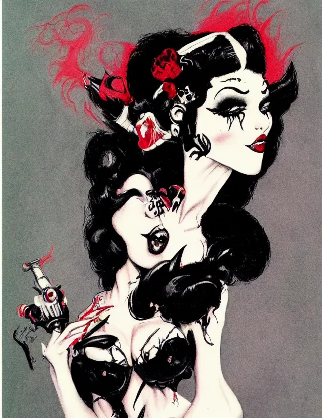 Image similar to of a goth girl burlesque psychobilly, rockabilly, punk, black hair, detailed face, white background, drawing, illustration by frank frazetta