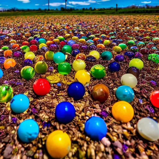 Image similar to a field filled with different colored marbles all together, natural lighting on a sunny day, wide angle photography, 4 k,