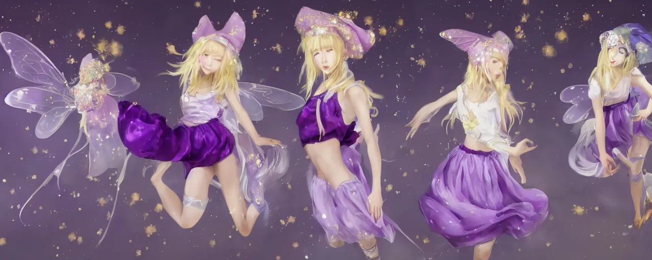 Image similar to Full View of a mysterious kpop fairy maidens with short blond hair wearing an oversized purple Beret, Baggy Purple overall shorts, Short Puffy pants made of silk, silk shoes, a big billowy scarf, Golden Ribbons, white leggings Covered in stars. Short Hair. peasant magic. masterpiece 4k digital illustration by Ruan Jia and Mandy Jurgens and Artgerm and william-adolphe bouguereau, award winning, Artstation, art nouveau aesthetic, Alphonse Mucha background, intricate details, realistic, panoramic view, Hyperdetailed, 8k resolution, intricate art nouveau, smooth, sharp focus