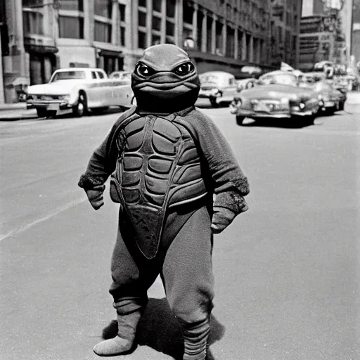 Image similar to Beautiful Portrait Photograph from 1950s of a ninja turtle in the middle of a New York street,