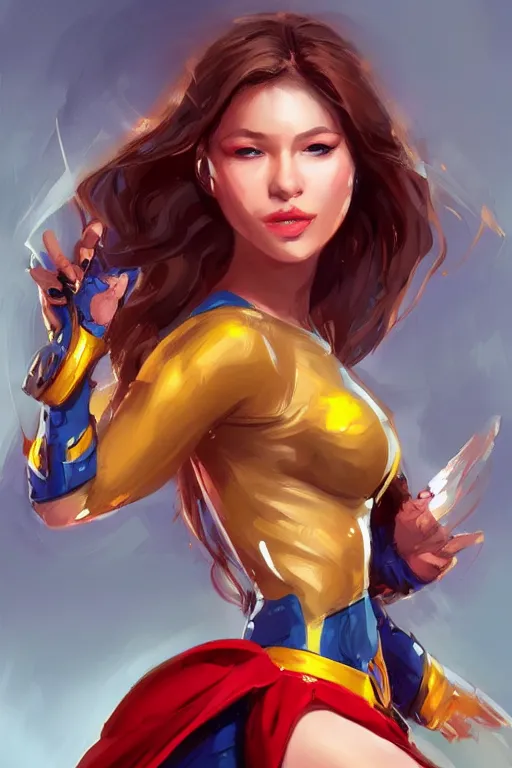 Image similar to three quarters portrait pose of a beautiful woman,super hero costume,super powers,heroic pose,highly detailed, digital painting, artstation,illustration, art by Stanley Lau