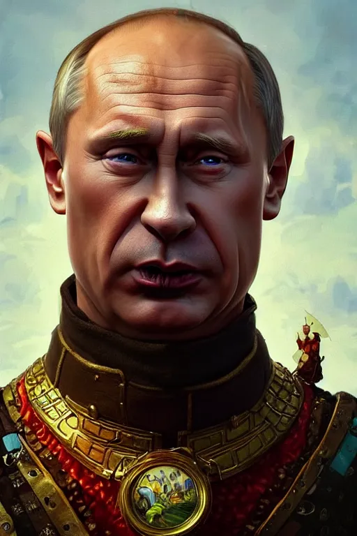 Image similar to vladimir putin as funny and stupid homer simpson, closeup, d & d, fantasy, intricate, elegant, highly detailed, digital painting, artstation, concept art, matte, sharp focus, illustration, hearthstone, art by artgerm and greg rutkowski and alphonse mucha