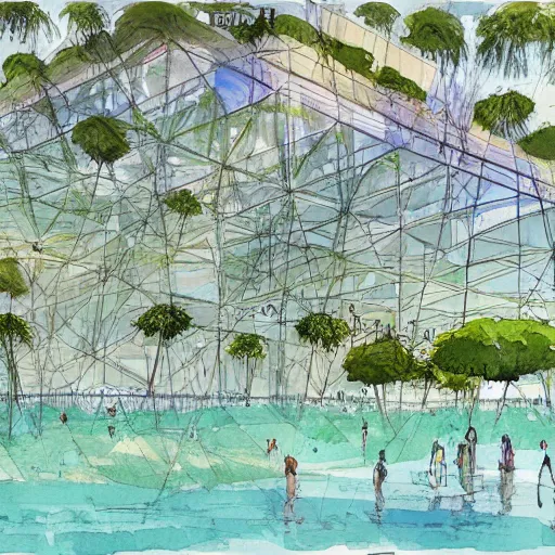 Prompt: watercolor sketch of organic rectangular architecture concept by victo ngai, sea, renzo piano, sketche, villa, people, beach, artistic, ecology, green.