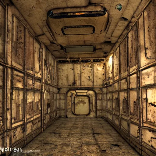 Image similar to disfigured necromorph being crawling in the spacecraft hallway, rusty and dirty interiors, highly realistic and intricate, dim lights