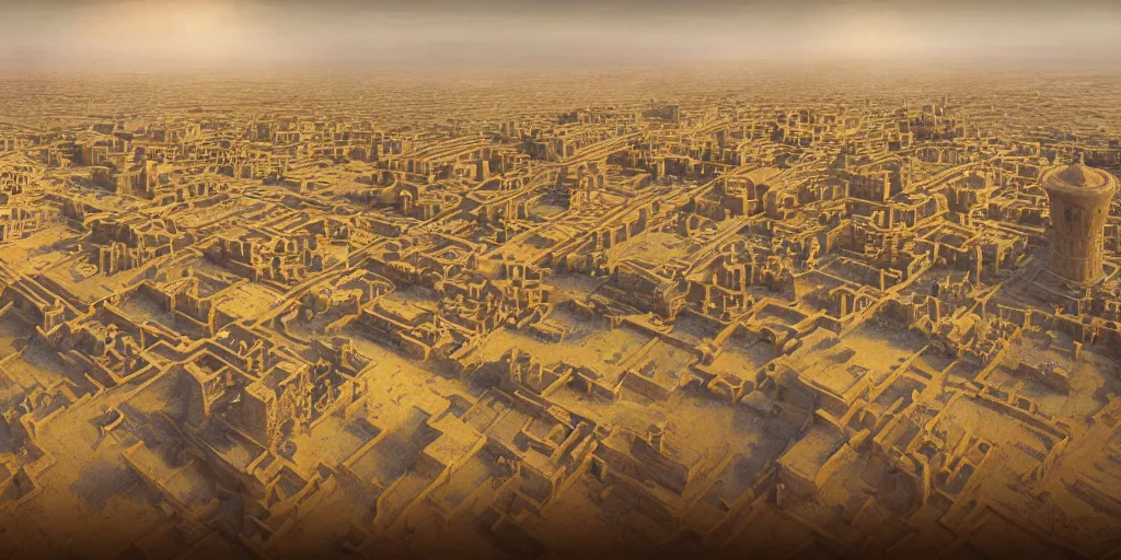 Prompt: A digital intricate illustration concept art of massive city of Mesopotamia on its golden age, stunning massive ornately Sumerian Civilization inspired art by Renato muccillo and Andreas Rocha and Johanna Rupprecht + symmetry + natural volumetric lighting, realistic 4k octane beautifully detailed render, 4k post-processing, highly detailed, intricate complexity, epic composition, magical atmosphere, cinematic lighting + masterpiece, trending on artstation