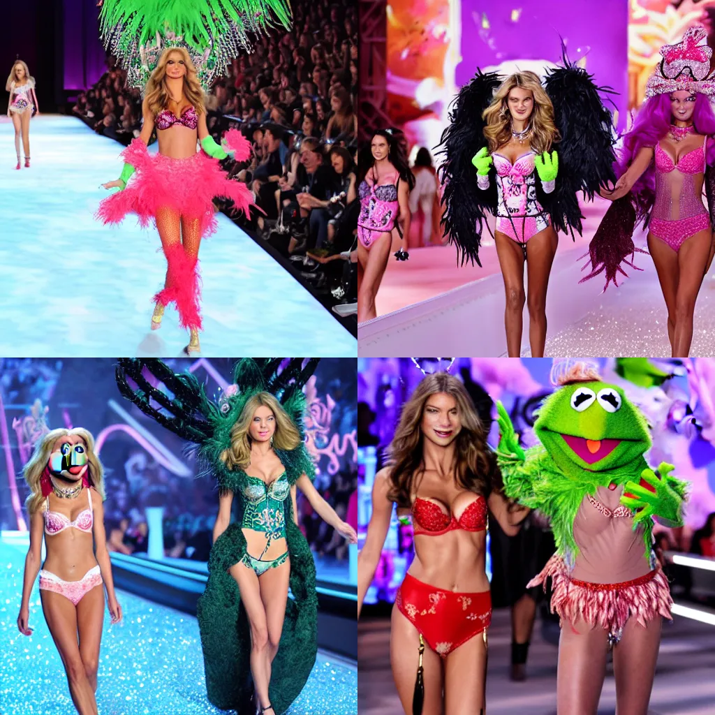 Prompt: muppets on victoria's secret catwalk