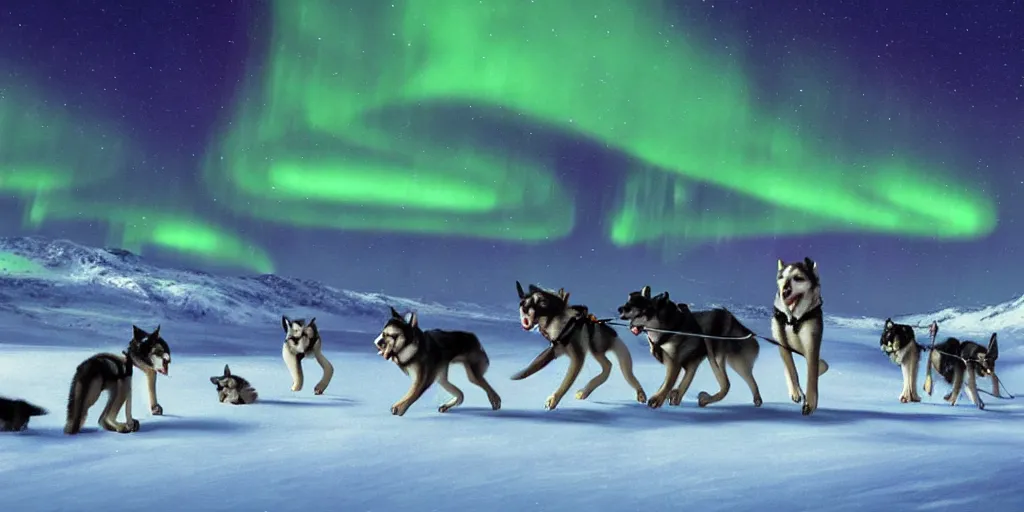 Image similar to a winter scene at night, northern lights, dog sled team, matte painting, high quality, trending on artstation