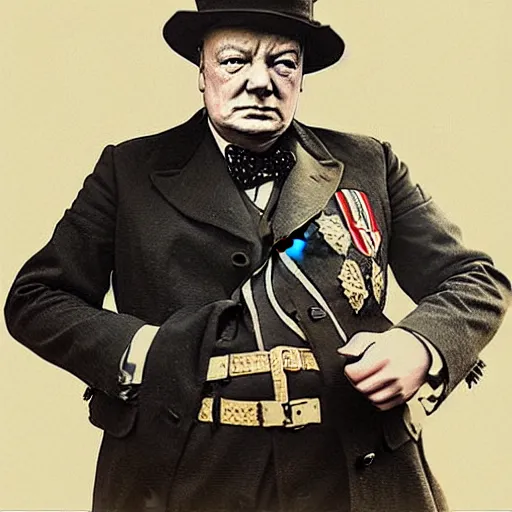 Image similar to winston churchill dressed in cuberpunk military gear. Epic portrait by james gurney and Alfonso mucha.