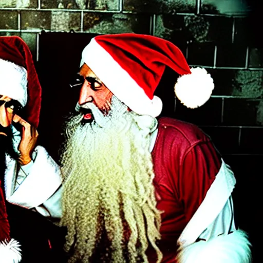 Image similar to uhd candid photo of bin laden and santa claus on skid row, making a dirty bomb. correct faces, intricate details, hyperdetailed, accurate faces. photo by annie leibowitz