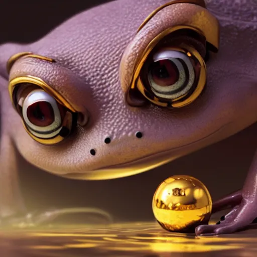 Image similar to long shot of a cute frog playing with golden metal balls, by esao andrews, by m. w. kaluta, by pixar, volumetric light, rich colors, very humorous oil painting, realistic reflections, smooth, concept art, depth perception, high depth of field, 4 k, unreal engine 5, ultradetailed, hyperrealistic, artstation