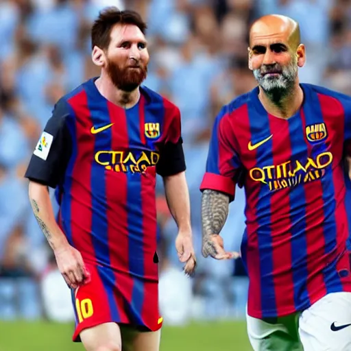 Image similar to messi playing in manchester city kit with pep guardiola, high - res photorealistic