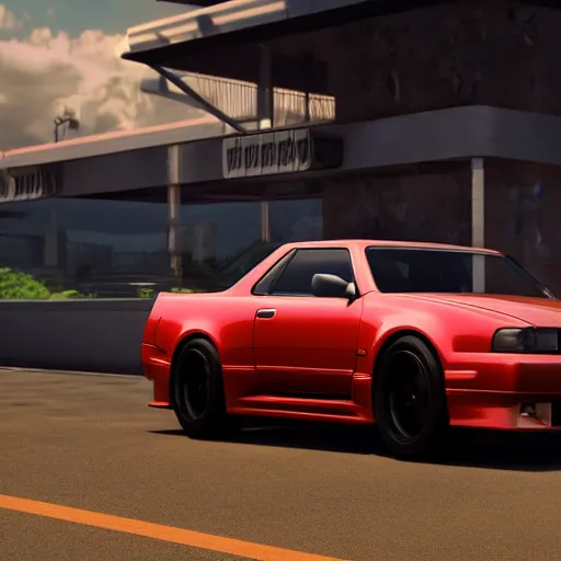 Image similar to unreal engine render of a nissan skyline, cinematic, raytracing