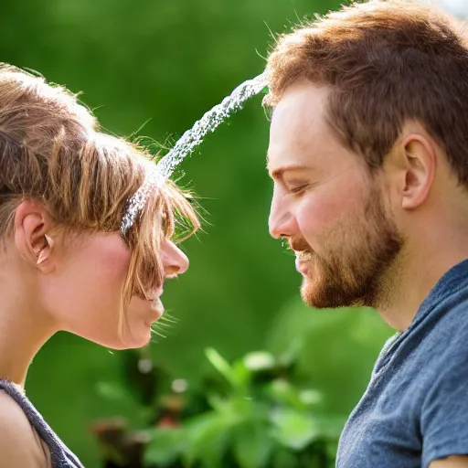 Prompt: a couple watering each other's heads which are made of plants and the sun is shining