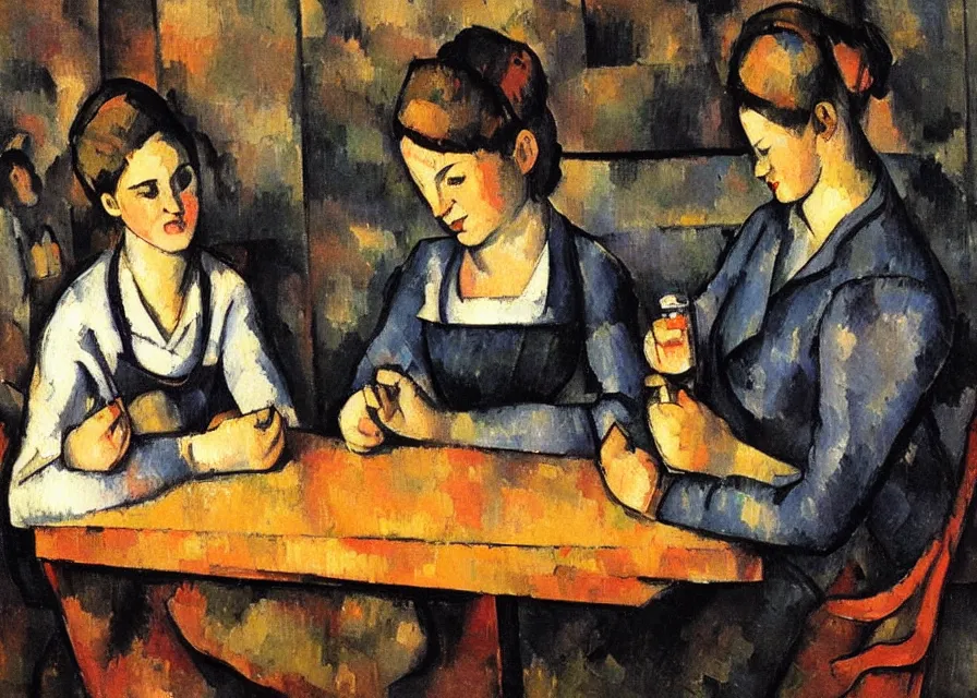 Image similar to in the style of paul cezanne. jouers des cartes. two beautiful girls with modern clothing sitting at a wooden table in a bar looking at their phones. there is a bright red lamp hangig above the table. milkshakes. dim light. a flatscreen tv in background.