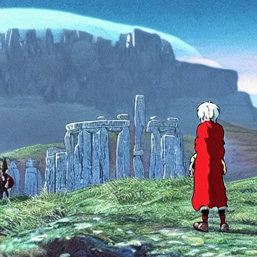 Image similar to movie still from princess mononoke ( 1 9 9 7 ) showing a highly detailed landscape with two monks praying with stonehenge in the background 1 9 8 0 s science fiction, 1 9 7 0 s science fiction, cyberpunk, moody, misty, depth perception, 4 k, artstation