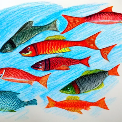 Image similar to school of fish jumping above water, color pencil sketch, maximalist, white background