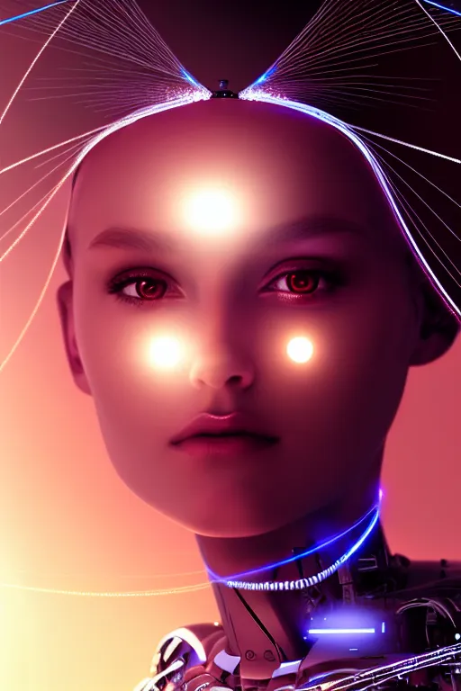 Image similar to portrait of the goddess of artificial intelligence as a half robotic beautiful girl, in front of a shining orb of data, threads of light in the background, detailed eyes, extremely high quality artwork, very detailed, trending on artstation