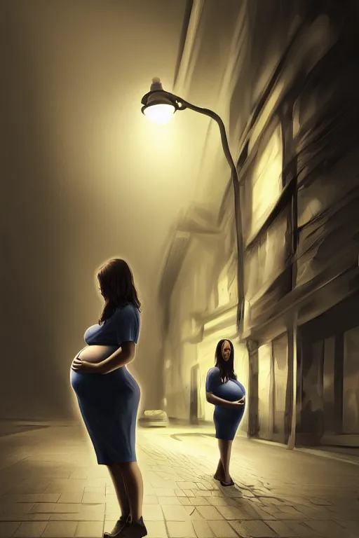 Image similar to pregnant woman under street light, highly detailed, sharp focused, ultra realistic digital concept art by Nil Tawata