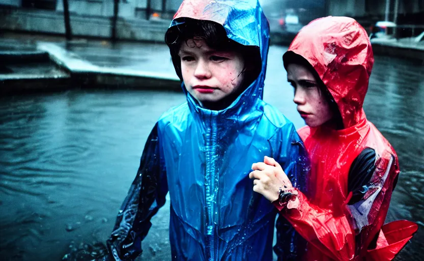 Image similar to cinestill 5 0 d candid photographic portrait by helen levitt of two cyborg kids wearing rugged neon blue mesh techwear in treacherous waters, extreme closeup, modern cyberpunk moody depressing cinematic, pouring rain, dystopian atmosphere, 8 k, hd, high resolution, 3 5 mm, f / 3 2, ultra realistic faces, ex machina