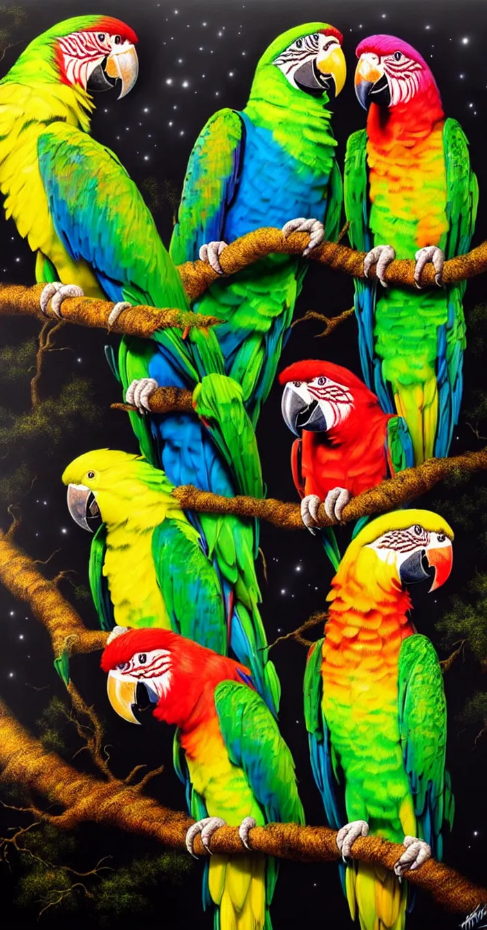 Prompt: realistic photo of colorful glowing parrots sitting on tree at dark night, very sharp focus, very hyper realistic, art of greg rutsowski, highly detailed, fantasy art station