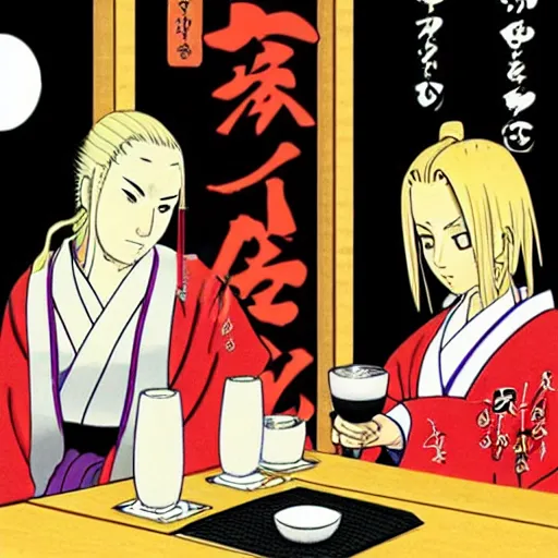 Image similar to Tsunade drinking sake in a japanese pub by Shoji Sato