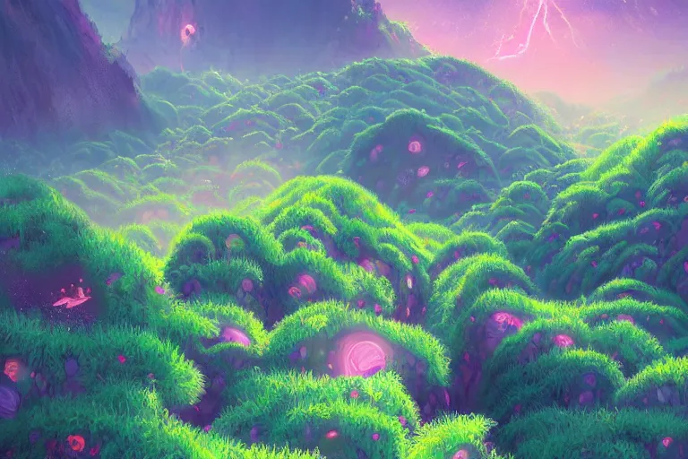 Prompt: a beautifully ultradetailed painting of a mysterious fern green location on top of a universe on the side of a mountain filled with giant orange and purple crystals illuminated by pastel pink fireflies, icy blue mist, morning shot, alena aenami, raphael lacoste, makoto shinkai, 4 k, trending on artstation