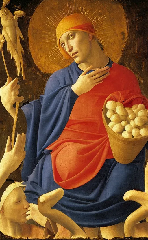 Image similar to painting by fra angelico of blindfolded!!!!!! the mocking of christ holding cornucopia!!!! 1 4 4 0 early renaissance painting, fresco! eerie, ominous, distressing