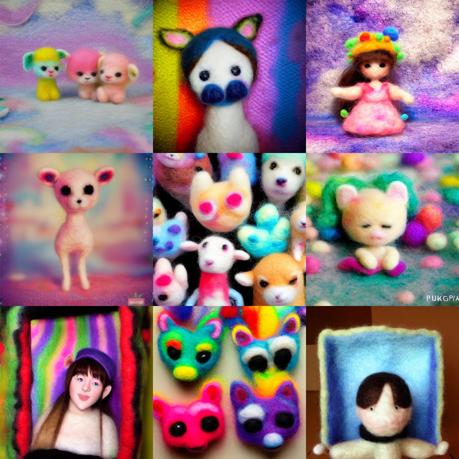 Prompt: needle felted photo from a purikura photo booth, highly detailed, tilt shift, cute, hyperrealism, highly textured, god rays, needle felting