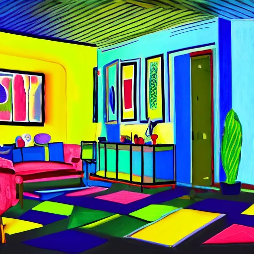 Image similar to hd photo of a living room, designed by and artist henri matisse paintings, wide lens, three point perspective, neon lights, highly detailed, unreal engine, photorealism