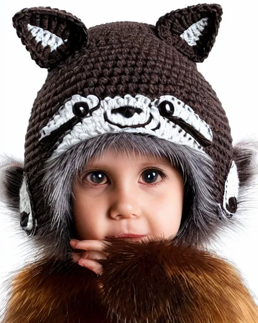 Image similar to a crocheted raccoon hat, very detailed, animal hat, cute details, product photo, promotional image, sharp focus, studio lighting. fzd school of design