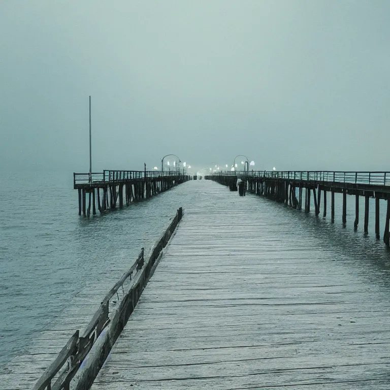 Prompt: godrays casted on the pier, film photo, soft lighting album cover, nostalgia, gradient