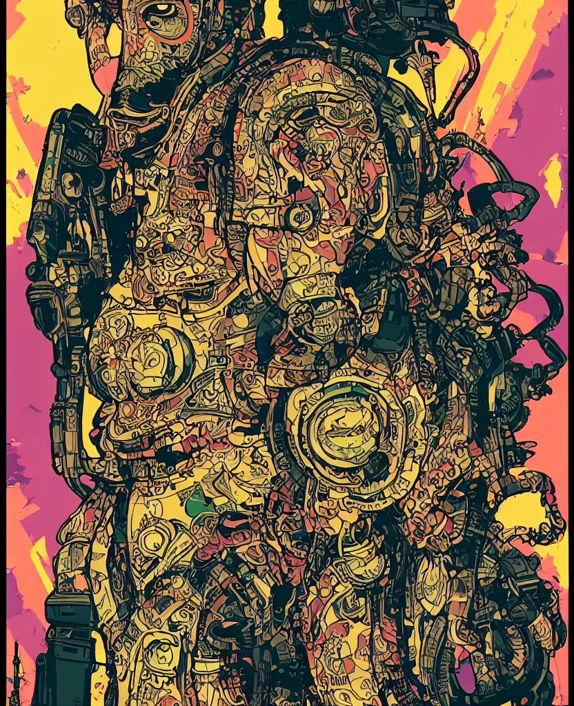 Prompt: ganesha, cyberpunk mercenary portrait illustration, pop art, splash painting, art by geof darrow, ashley wood, alphonse mucha, makoto shinkai