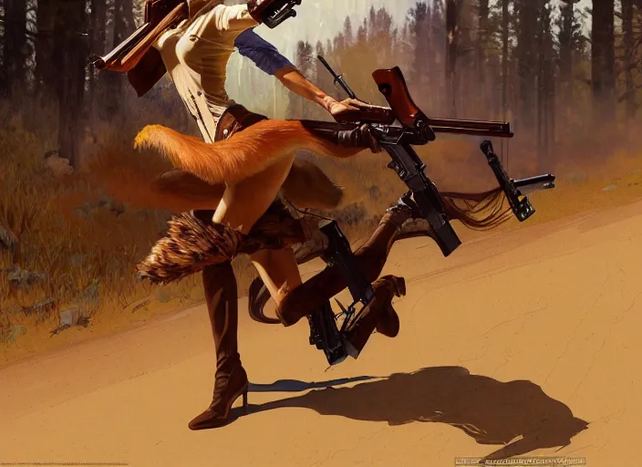 Image similar to a beautiful, dynamic illustration of an anthropomorphic fox woman bounty hunter running and gunning with a winchester rifle, wild west theme, motion blur, action illustration by stanley artgerm, greg rutkowski, alphonse mucha, norman rockwell, 8 k,