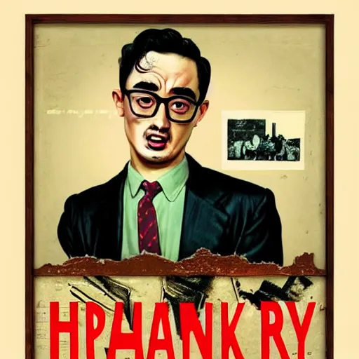 Image similar to A 1950s Colorized Style Poster of Filthy Frank, grainy, realistic, hyperrealistic, very realistic, very very realistic, highly detailed, very detailed, extremely detailed, detailed, digital art, trending on artstation, detailed face, very detailed face, very detailed face, realism, HD Quality, 8k resolution, intricate details, body and head in frame, drawing, inked drawing, poster drawing, neat drawing, 1950s, 50s, in the style of Frank Hampson, in the style of Frank Bellamy, in the style of Dave Gibbons, in the style of Don Lawrence, in the style of Wally Wood, Colorized, 1950s Poster