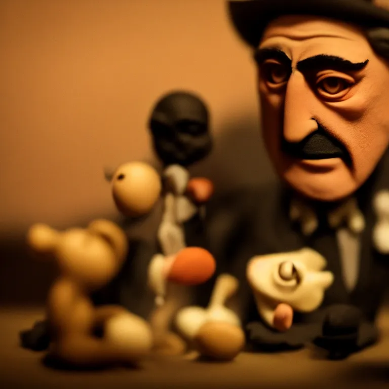 Image similar to a cinematic film still of a claymation stop motion film starring robert de niro, portrait, shallow depth of field, 8 0 mm, f 1. 8