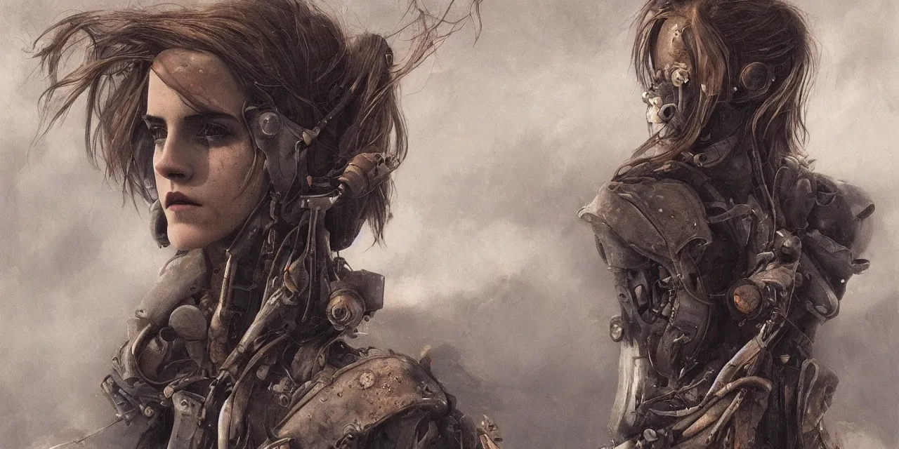 Image similar to emma watson closeup baroque cyberpunk flight suit gritty oily futuristic asymmetric beksinski moebius