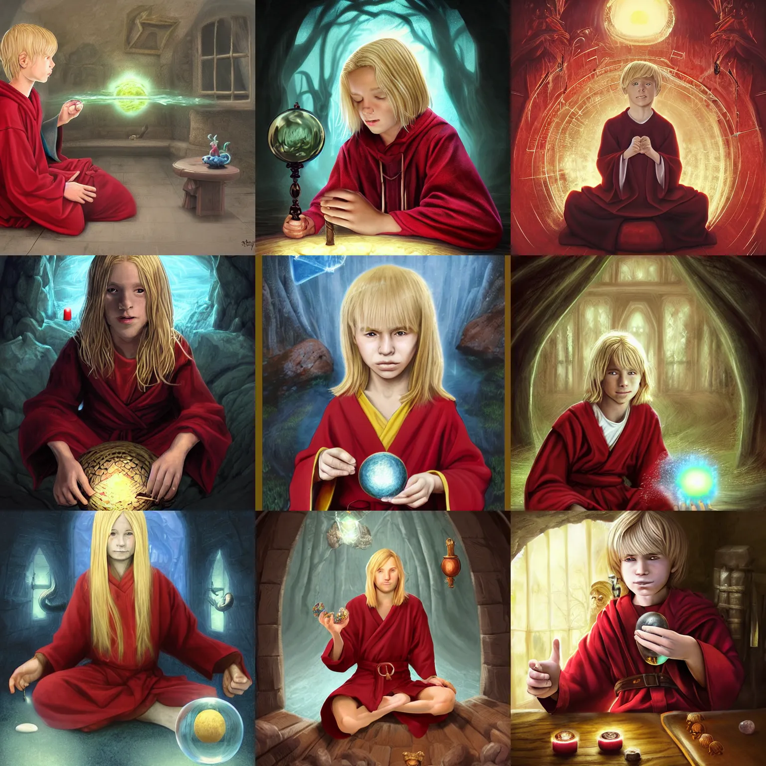 Prompt: Portrait of a 12 year old white boy with blond medium length hair, sitting cross-legged, wearing red sorcerer's robes, holding a crystal ball in his hands and gazing into it, inside of a cabin, Dungeon's & Dragons, digital illustration, deviantart, matte fantasy painting, by Jason Felix by Steve Argyle by Tyler Jacobson by Peter Mohrbacher