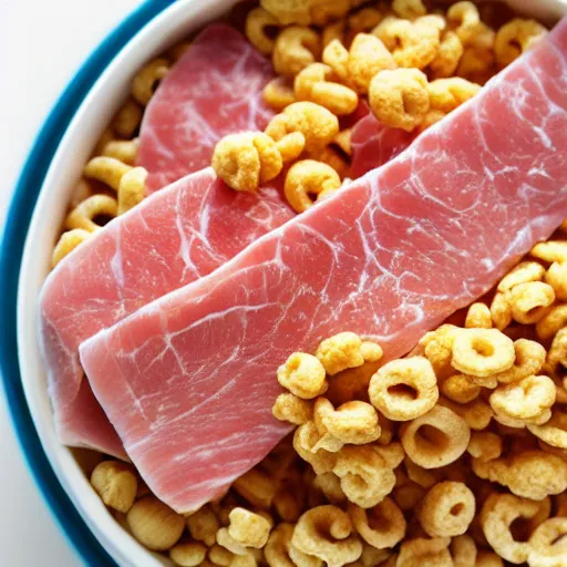 Prompt: a bowl of cereal with ham in it