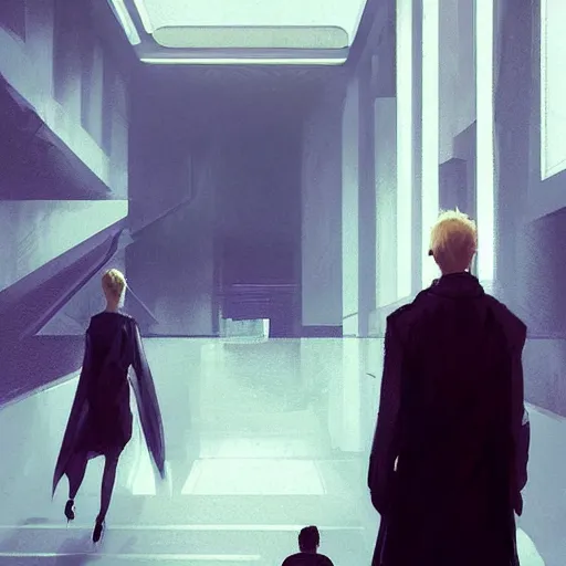 Image similar to concept art by greg rutkowski, a very tall, and slender woman with blond hair, talking with a very tall and slender mand with short black hair, brutalist futuristic interior, dark lighting atmosphere, detailed portraits, nostalgic atmosphere, scifi, digital painting, artstation, concept art, smooth, sharp foccus ilustration, artstation hq