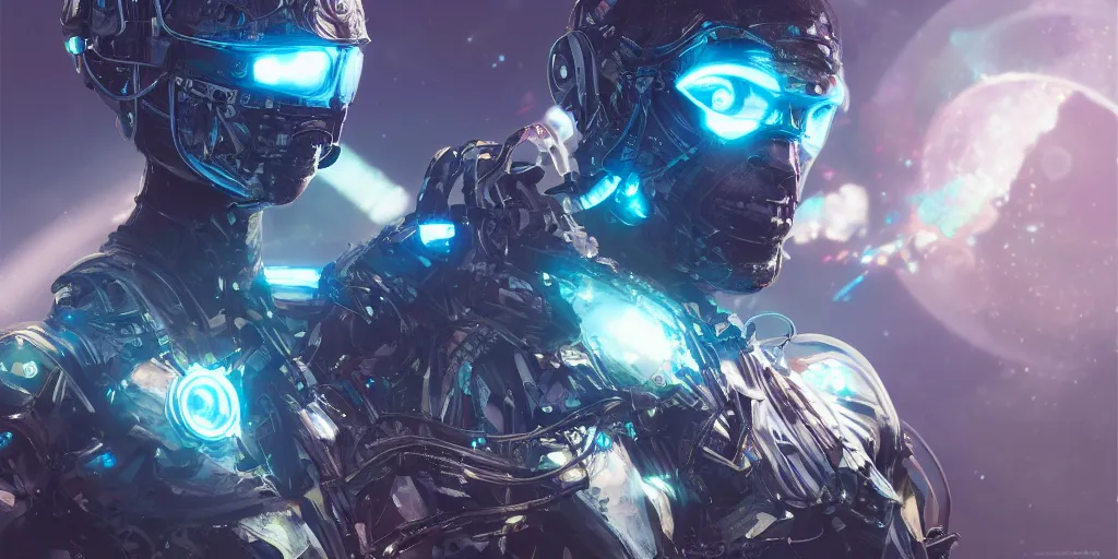 Prompt: a close up still of cyborgs flying in a garden in space, sci - fi, neon lighting, sophisticated, futuristic, highly detailed, intricate, sharp focus, digital illustration, smooth, by artgerm, wlop, syd meade, greg rutkowski, trending on artstation