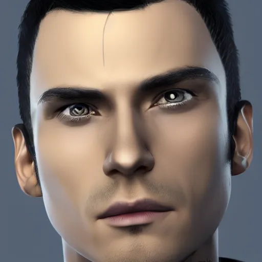 Prompt: Highly detailed headshot of male sci-fi character portrait in his 30's, features between French, Turkish and Russian with short black hair on the sides and a fringe dressed in a beige and black jumpsuit, 4K Trending at Artstation HQ
