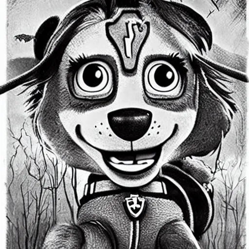 Image similar to Paw patrol, Stephen Gammell style, Scary Stories, horror, black and white