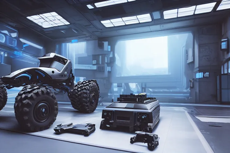 Image similar to still photo of a futuristic cyberpunk remote control truck, highly detailed, photorealistic portrait, bright studio setting, studio lighting, crisp quality and light reflections, unreal engine 5 quality render