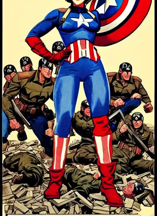 Image similar to beautiful female captain america standing on a pile of defeated, beaten and broken nazi soldiers. feminist captain america wins wwii. american wwii propaganda poster by james gurney. gorgeous face. overwatch